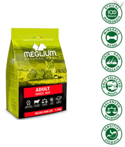Meglium natural meal adult cat dry food with beef, complete balanced nutrition, ideal for dry cat food for sensitive stomachs.