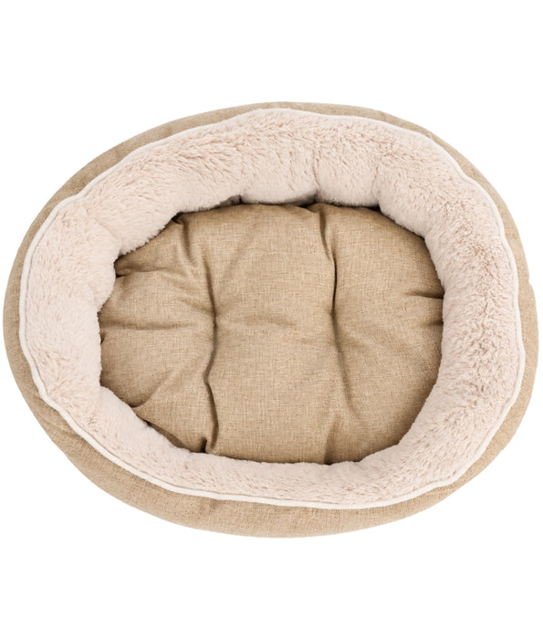 King Queen - Beige Round Plush Dog & Cat Bed, Raised Bolster, Soft Cushion - 60 x 60 x 20 cm