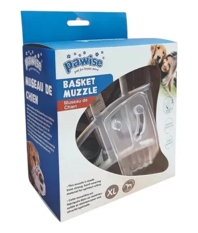 Pawise - Basket Muzzle, Adjustable Plastic With Padded Straps, Transparent & Black, For Dogs - L