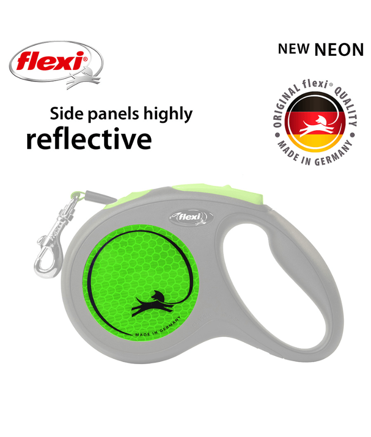 Flexi - New Reflective Neon Tape Retractable Leash - 5m Tape - Small Dogs up to 15kg - Green