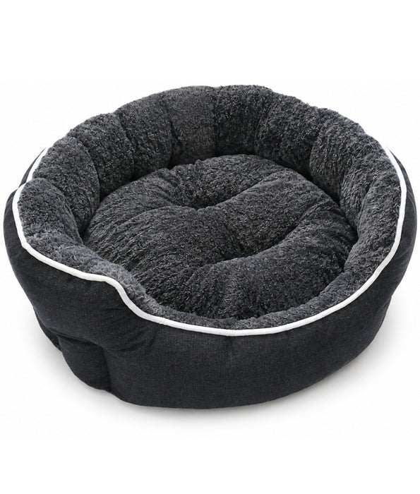 King Queen - Charcoal Grey Round Plush Dog & Cat Bed, Raised Bolster, Soft Cushion - 60 x 60 x 20 cm