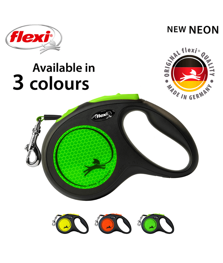 Flexi - New Reflective Neon Tape Retractable Leash - 5m Tape - Small Dogs up to 15kg - Green