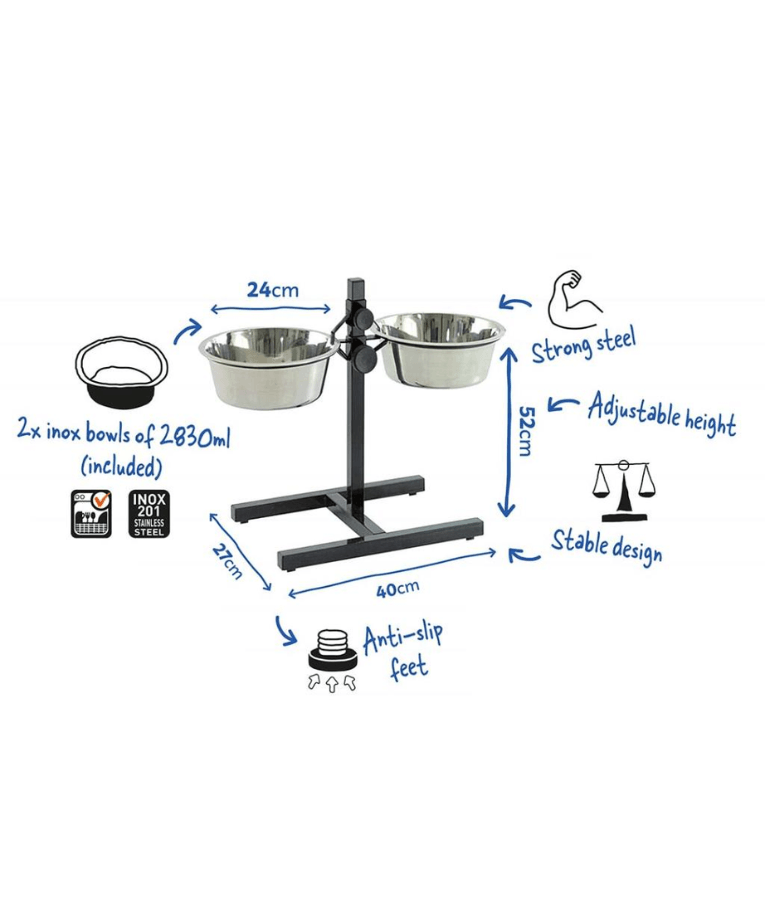 Duvo+ - Twin Feeder H-Stand With Bowls, Adjustable Height Stainless Steel Double Dog Bowl Stand, For Dogs - Size L / XL / XXL