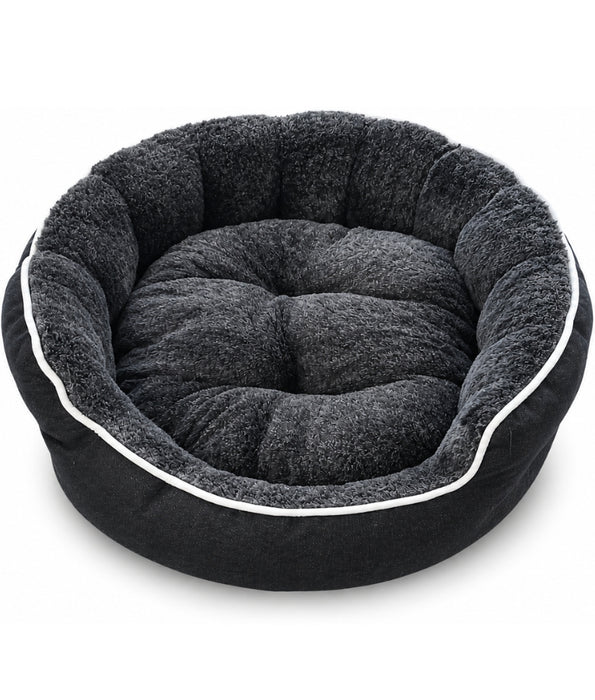 King Queen - Charcoal Grey Round Plush Dog & Cat Bed, Raised Bolster, Soft Cushion - 60 x 60 x 20 cm