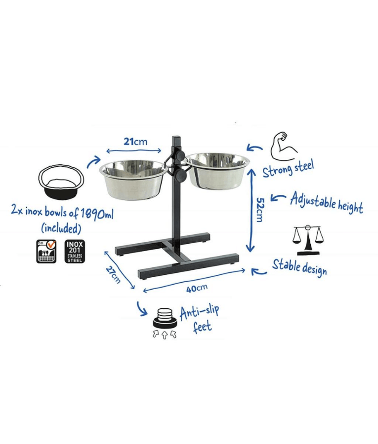 Duvo+ - Twin Feeder H-Stand With Bowls, Adjustable Height Stainless Steel Double Dog Bowl Stand, For Dogs - Size L / XL / XXL