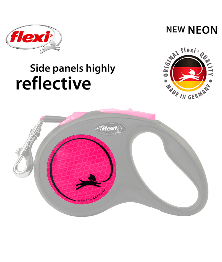 Flexi - New Reflective Neon Tape Retractable Leash - 5m Tape - Medium Dogs up to 25kg - Pink