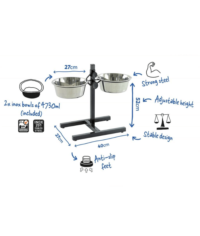 Duvo+ - Twin Feeder H-Stand With Bowls, Adjustable Height Stainless Steel Double Dog Bowl Stand, For Dogs - Size L / XL / XXL