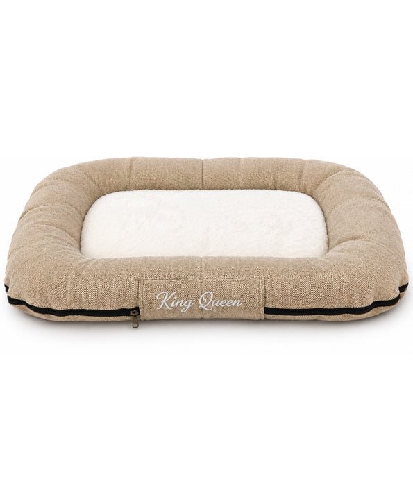 King Queen - Rectangular Dog Bed - Beige Brown , Dual-Sided Plush & Linen, Anti-Slip Base - M, L, XL