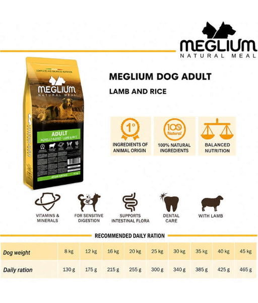 Meglium natural meal for dogs, lamb and rice dry food, hypoallergenic dog food for sensitive digestion, 14kg bag.