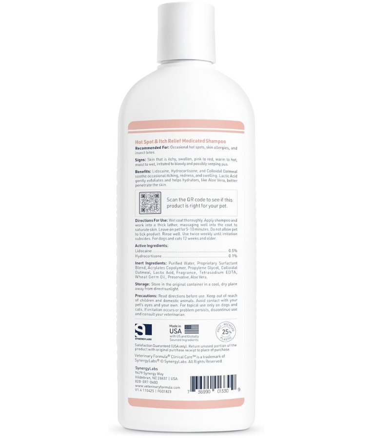 Synergy Labs - Veterinary Formula Clinical Care - Hot Spot & Itch Relief Medicated Shampoo, Lidocaine, Hydrocortisone & Colloidal Oatmeal, For Dogs & Cats - 473 mL