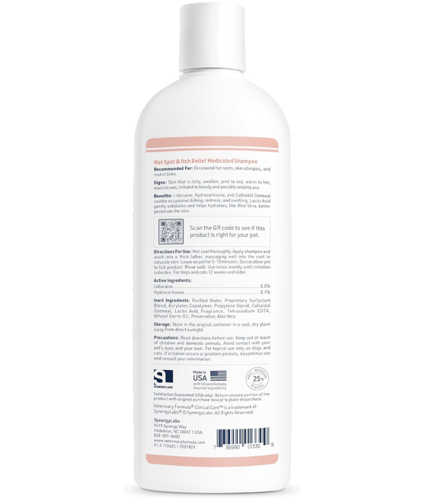 Synergy Labs - Veterinary Formula Clinical Care - Hot Spot & Itch Relief Medicated Shampoo, Lidocaine, Hydrocortisone & Colloidal Oatmeal, For Dogs & Cats - 473 mL