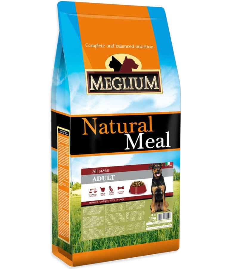 Meglium Natural Meal dry dog food for sensitive stomachs in a 15kg bag, suitable for adult dogs of all breeds.