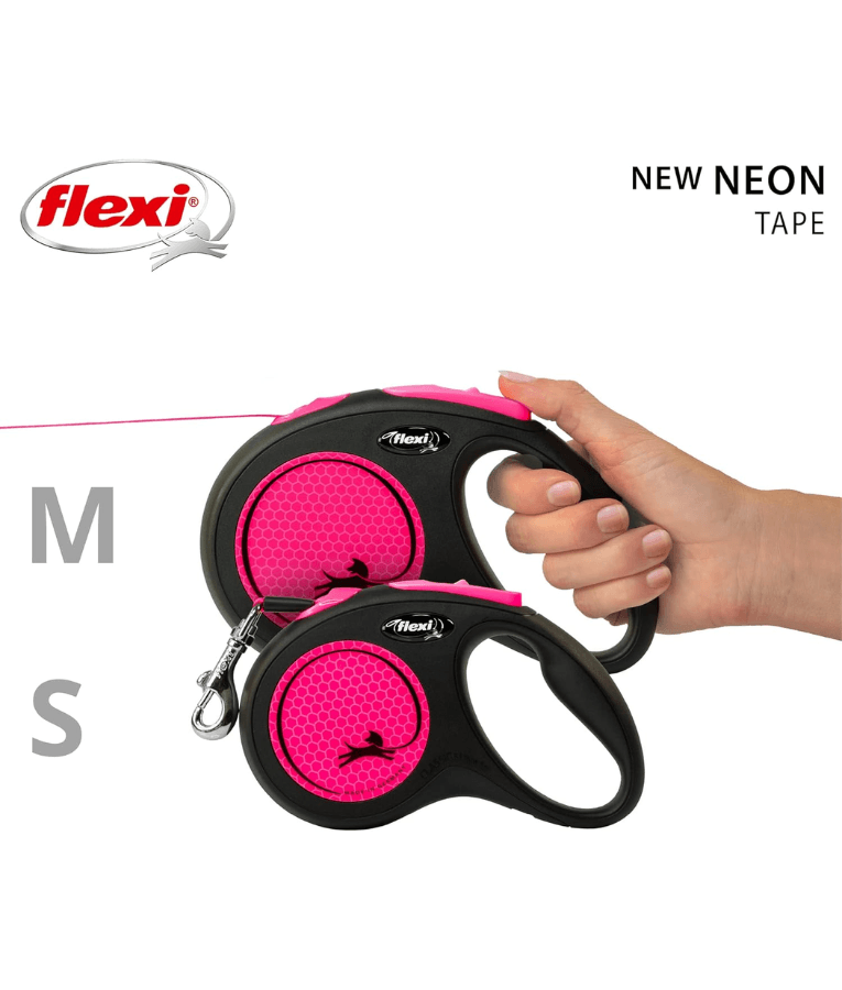 Flexi - New Reflective Neon Tape Retractable Leash - 5m Tape - Medium Dogs up to 25kg - Pink