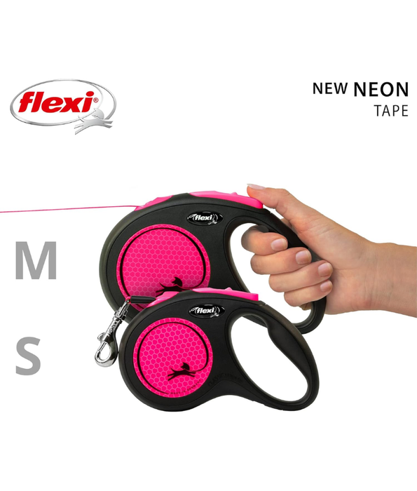 Flexi - New Reflective Neon Tape Retractable Leash - 5m Tape - Medium Dogs up to 25kg - Pink