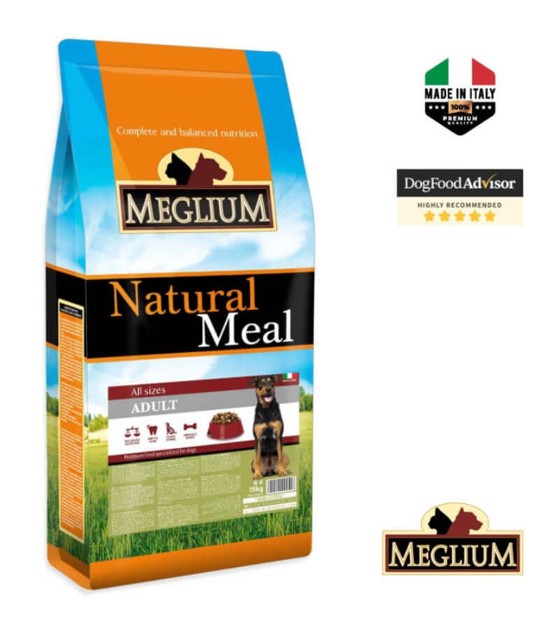 Meglium Natural Meal dry dog food for sensitive stomachs, 15kg package, made with beef and chicken.