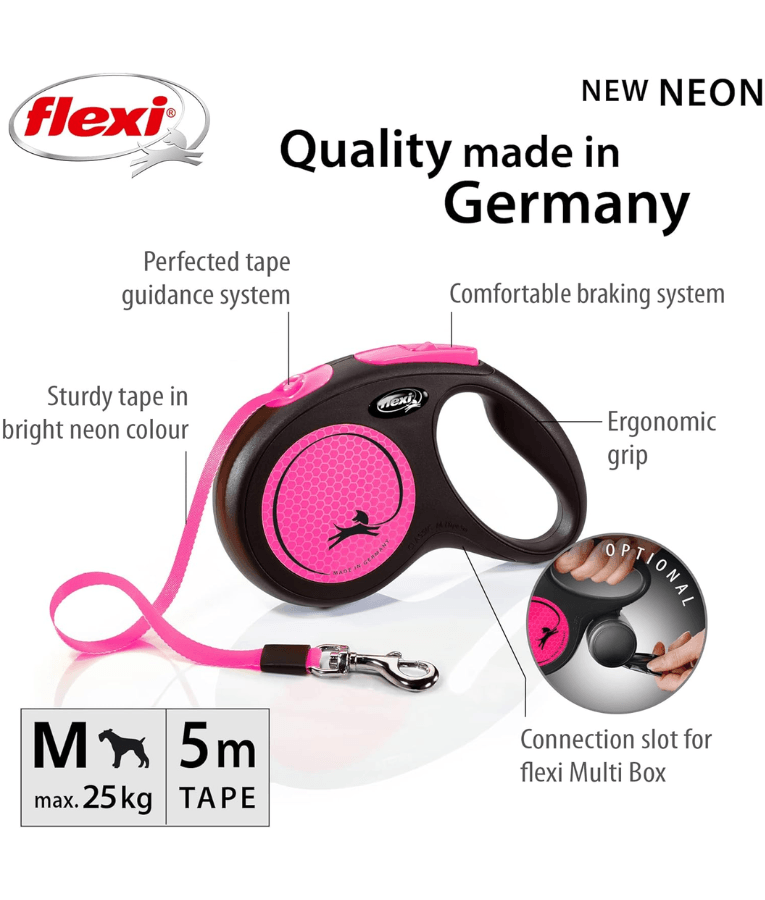 Flexi - New Reflective Neon Tape Retractable Leash - 5m Tape - Medium Dogs up to 25kg - Pink
