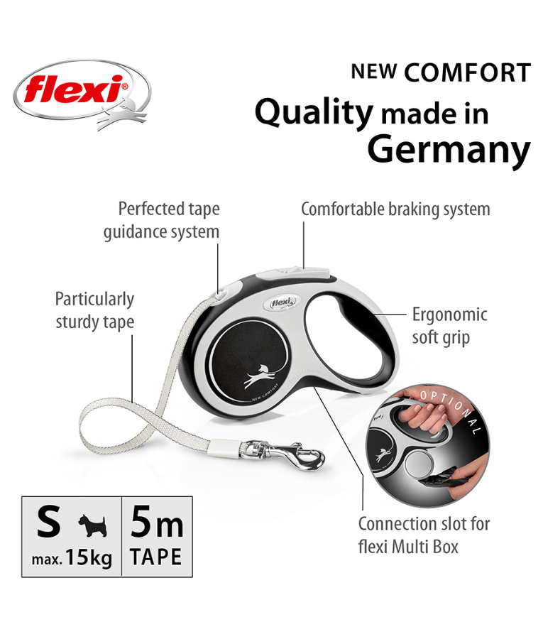 Flexi - New Comfort Tape Retractable Leash - 5m Tape - Small & Medium Dogs up to 25kg - White/Black