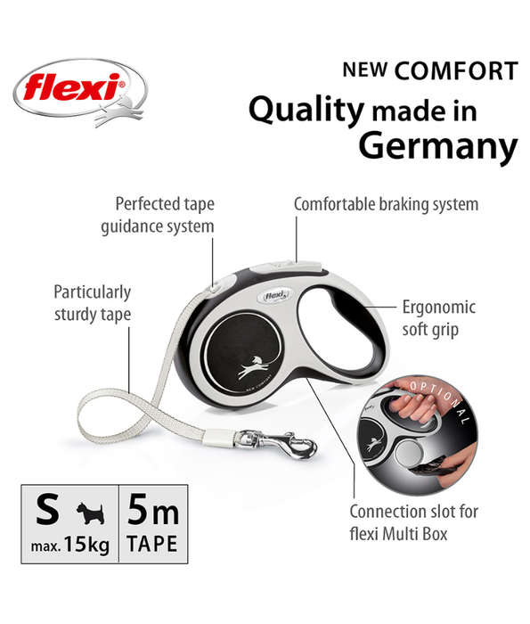 Flexi - New Comfort Tape Retractable Leash - 5m Tape - Small & Medium Dogs up to 25kg - White/Black