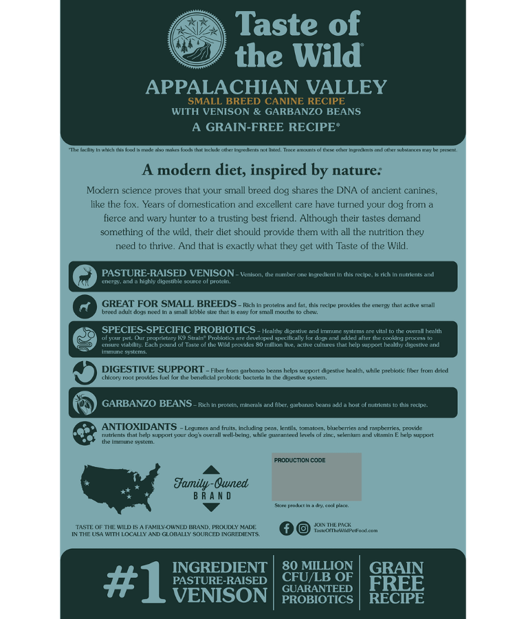 Taste of the Wild - Appalachian Valley Venison & Garbanzo Beans, Grain-Free, Adult, Small Breed, Dry Dog Food - 2.27 kg