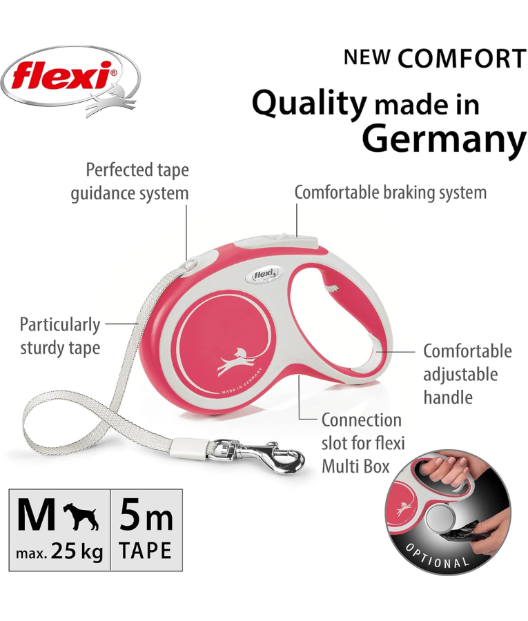 Flexi - New Comfort Tape Retractable Leash - 5m Tape - Medium Dogs up to 25kg - Red