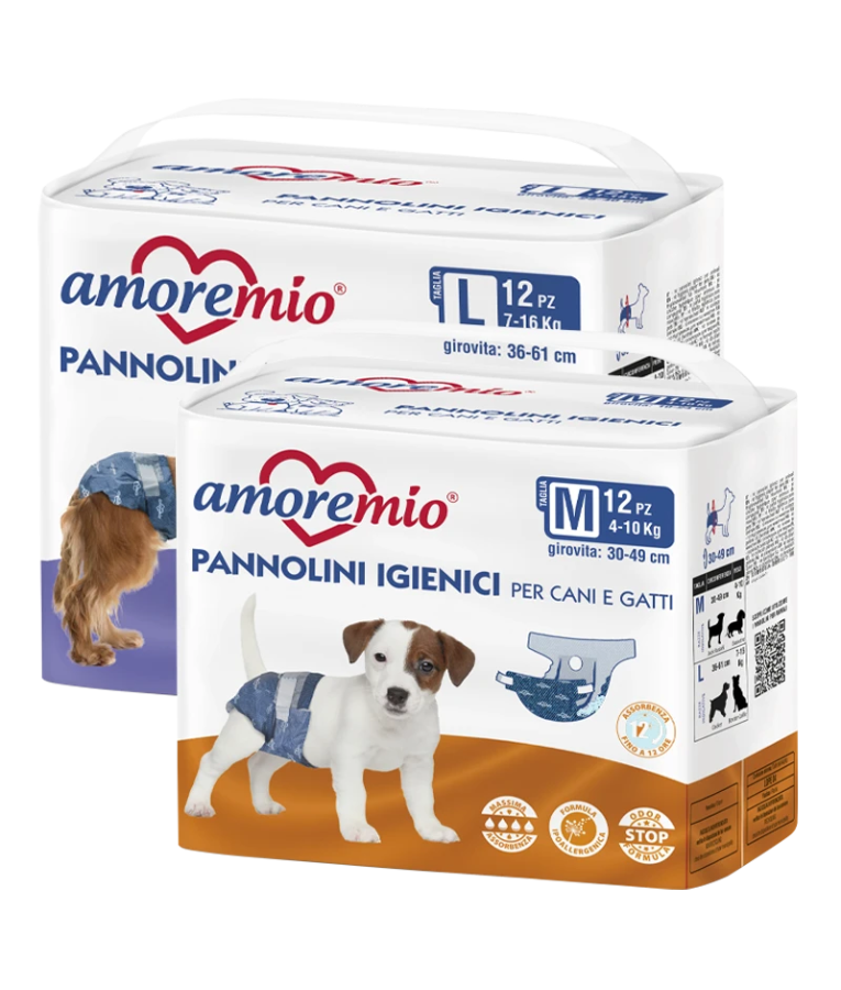 Amore Mio - Hygienic Diapers, Odor Stop Absorbent Formula With Leak-Proof Barriers, For Cats & Female Dogs - Medium - Large - Pack of 12