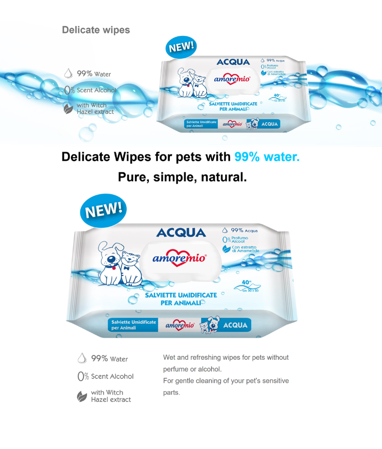 Amore Mio - Delicate Cleansing Wipes, 99% Water Formula With Witch Hazel Extract, Unscented, For Dogs & Cats - 40 Sheets