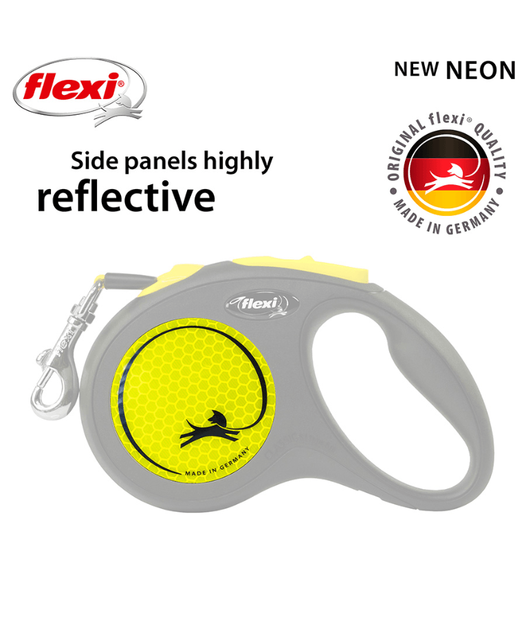 Flexi - New Reflective Neon Tape Retractable Leash - 5m Tape - S, M, L - Yellow