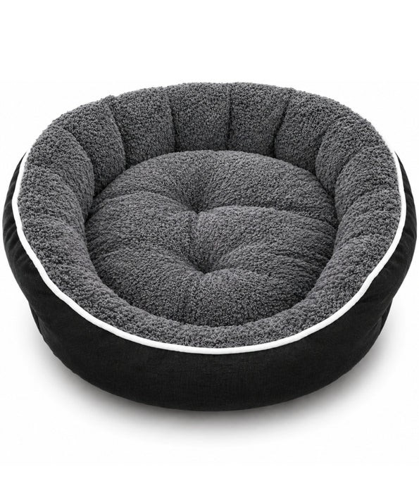 King Queen - Charcoal Grey Round Plush Dog & Cat Bed, Raised Bolster, Soft Cushion - 60 x 60 x 20 cm