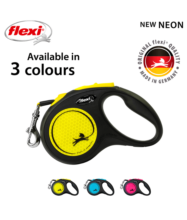 Flexi - New Reflective Neon Tape Retractable Leash - 5m Tape - S, M, L - Yellow
