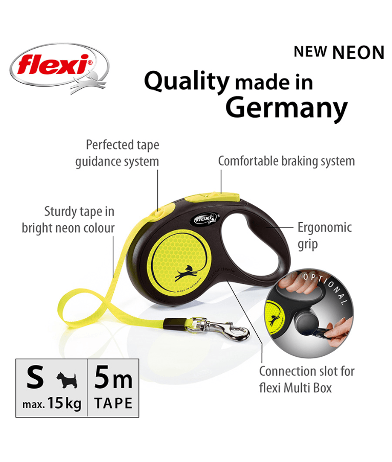 Flexi - New Reflective Neon Tape Retractable Leash - 5m Tape - S, M, L - Yellow