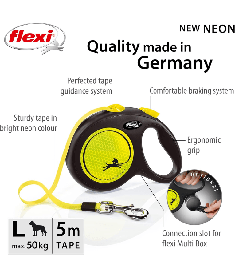 Flexi - New Reflective Neon Tape Retractable Leash - 5m Tape - S, M, L - Yellow