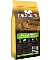 Meglium natural dog food for small breeds, 2kg pack, featuring lamb and rice for sensitive digestion.