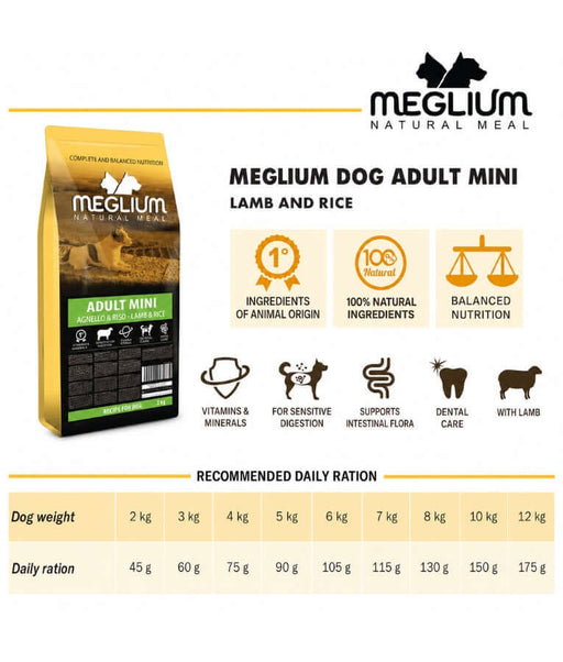 Meglium natural dog food, adult mini with lamb and rice, 2kg, balanced nutrition for small breeds