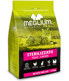 Meglium Natural Meal 1.5kg adult cat food with chicken for sterilized cats, complete and balanced nutrition.