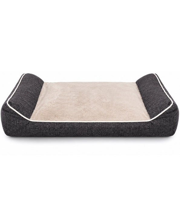 King Queen - Rectangular Dog Bed, Grey & Cream, Three Removable Cushions, Dual Side Bolsters - 105 × 70 × 20 cm