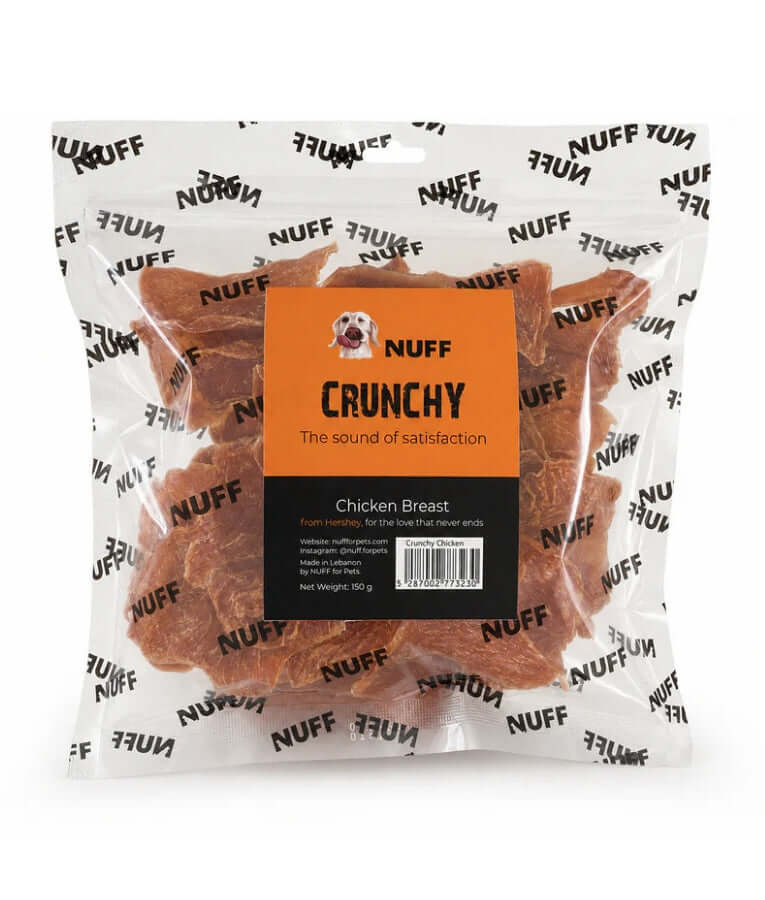 Nuff Crunchy Chicken Breast natural dog treats packaging featuring crunchy, high-protein snacks for dogs.
