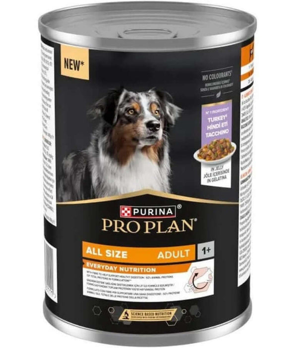 Pro Plan Everyday Nutrition Turkey in Jelly wet dog food can for adult dogs, featuring turkey dog food as main ingredient.
