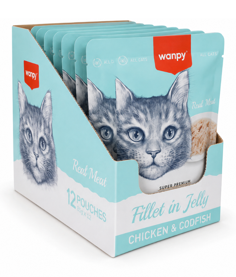 Wanpy - Chicken & Cod Fish Fillet, Wet Cat Food, Easy Digestion, Shredded In Jelly, All Life Stages - 85 g