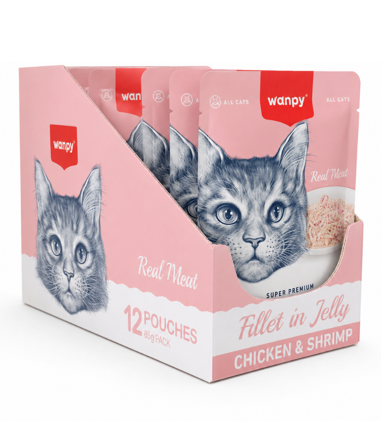 Wanpy - Pouch Chicken & Shrimp Fillet, Real Meat, Easy Digestion, Shredded In Jelly, All Life Stages - 85 g