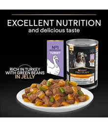 Pro Plan turkey dog food in jelly served on a plate with vegetables, promoting excellent nutrition for dogs.