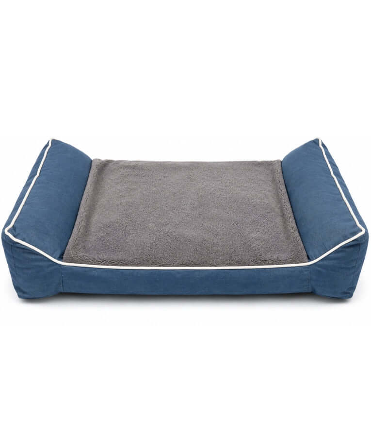 King Queen - Rectangular Dog Bed, Blue & Grey, Three Removable Cushions, Dual Side Bolsters - 105 × 70 × 20 cm