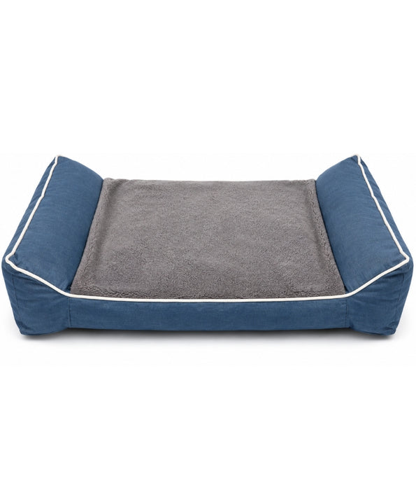 King Queen - Rectangular Dog Bed, Blue & Grey, Three Removable Cushions, Dual Side Bolsters - 105 × 70 × 20 cm