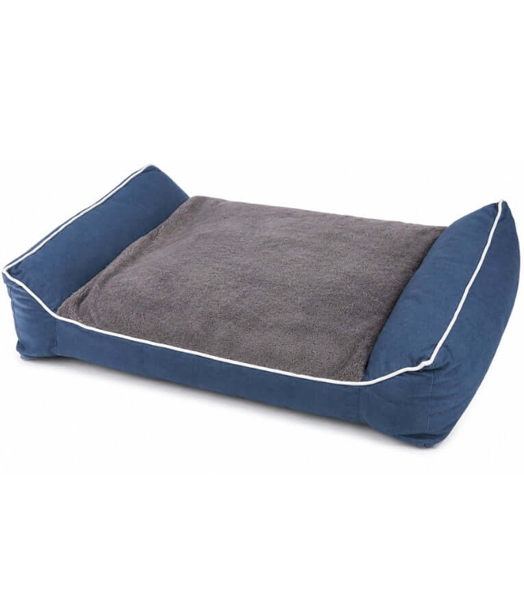 King Queen - Rectangular Dog Bed, Blue & Grey, Three Removable Cushions, Dual Side Bolsters - 105 × 70 × 20 cm