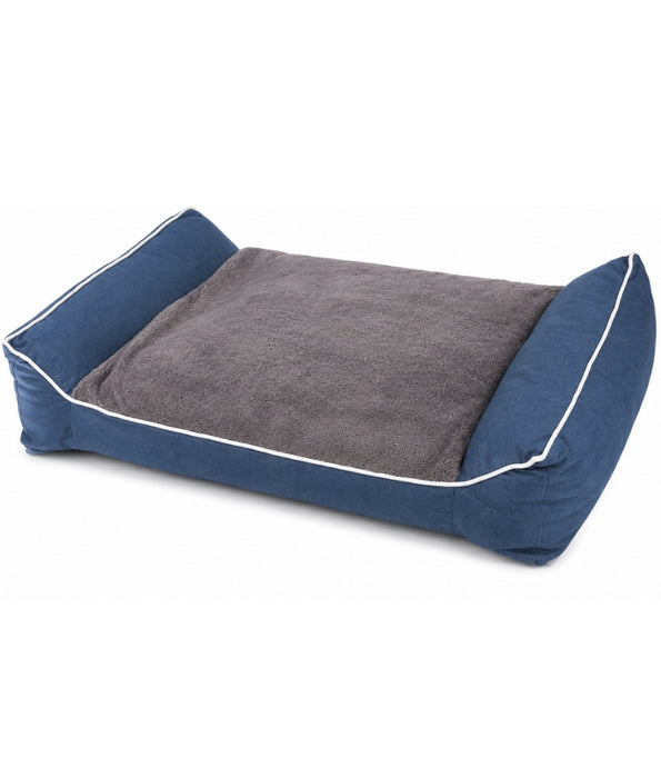 King Queen - Rectangular Dog Bed, Blue & Grey, Three Removable Cushions, Dual Side Bolsters - 105 × 70 × 20 cm