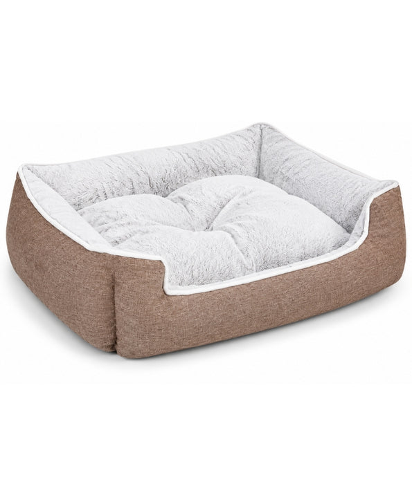 King Queen - Rectangular Dog Bed, Brown & Cream, Plush Sleeping Surface, Raised Bolsters - 75 × 65 × 20 cm