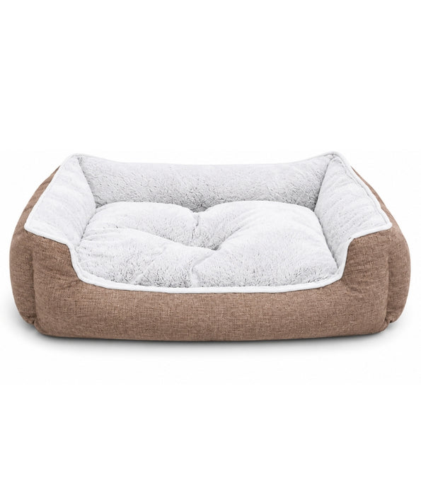 King Queen - Rectangular Dog Bed, Brown & Cream, Plush Sleeping Surface, Raised Bolsters - 75 × 65 × 20 cm