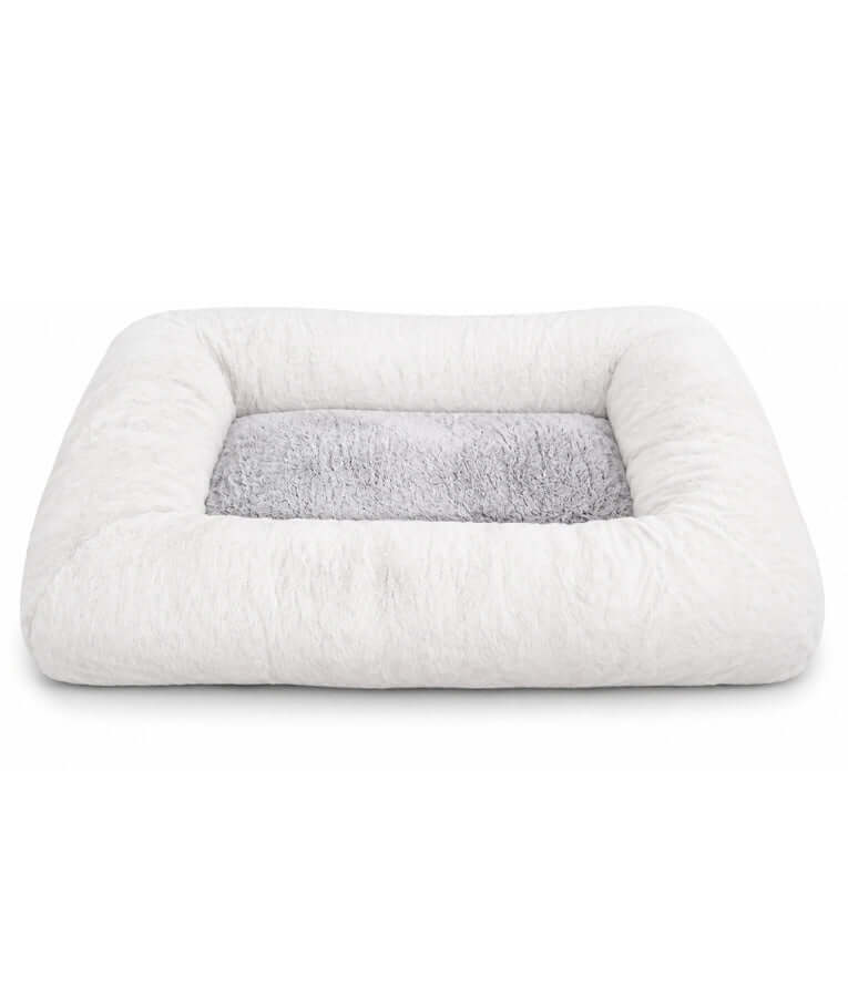 King Queen - Rectangular Dog Bed, White & Light Grey, Ultra Soft Fur Sleeping Surface, Raised Bolsters - 95 × 75 × 15 cm