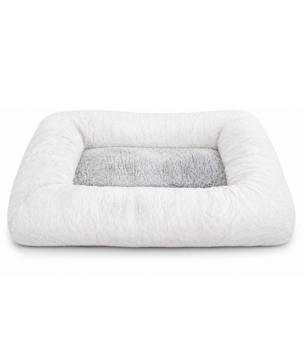 King Queen - Rectangular Dog Bed, White & Light Grey, Ultra Soft Fur Sleeping Surface, Raised Bolsters - 95 × 75 × 15 cm