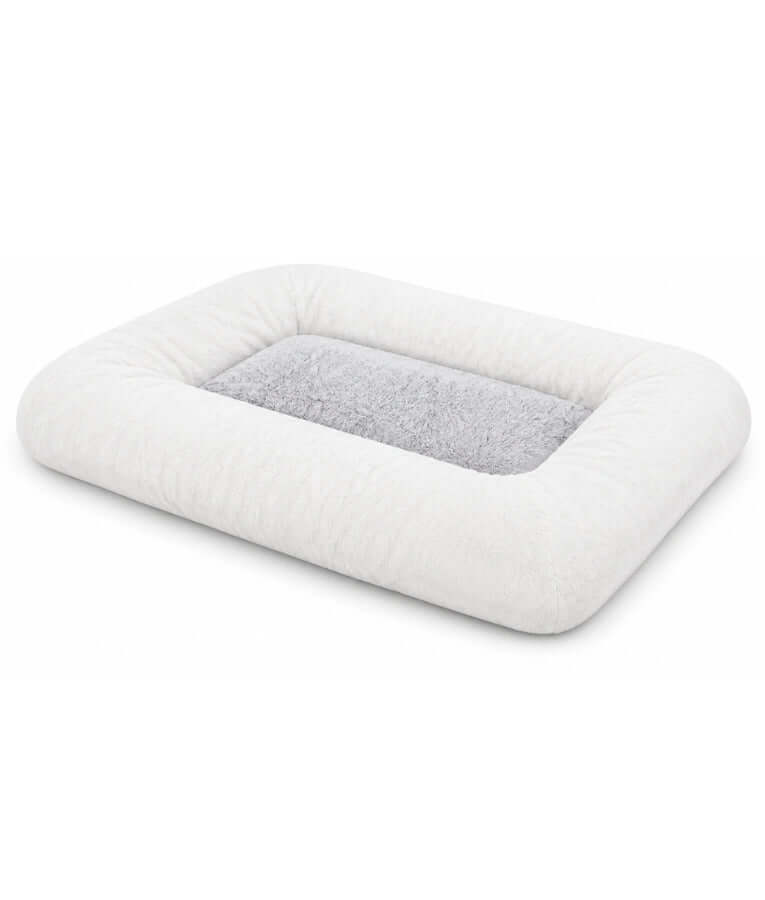King Queen - Rectangular Dog Bed, White & Light Grey, Ultra Soft Fur Sleeping Surface, Raised Bolsters - 95 × 75 × 15 cm