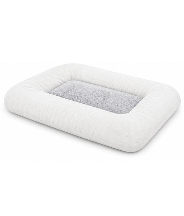 King Queen - Rectangular Dog Bed, White & Light Grey, Ultra Soft Fur Sleeping Surface, Raised Bolsters - 95 × 75 × 15 cm
